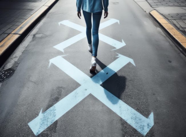 une femme marche sur des fléches qui se croisent